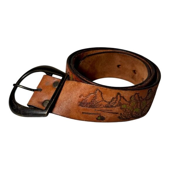 Vintage The Leather Shop Tooled Southwest Cactus Brown Belt Arizona Men’s 34 - Picture 1 of 7